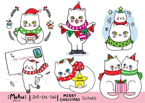 Adorable Cartoon Cat Merry Christmas Illustrations