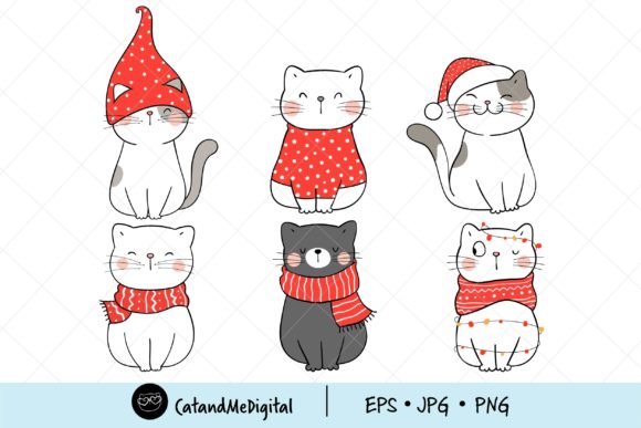 Christmas Cat Digital Clipart Illustrations