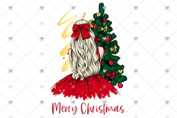 Fashion Girl Red Dress Christmas Tree Illustrations